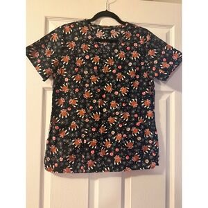 Zoe + Chloe Sock Monkey Christmas Scrub Top V-Neck Cotton Black Y2K Small